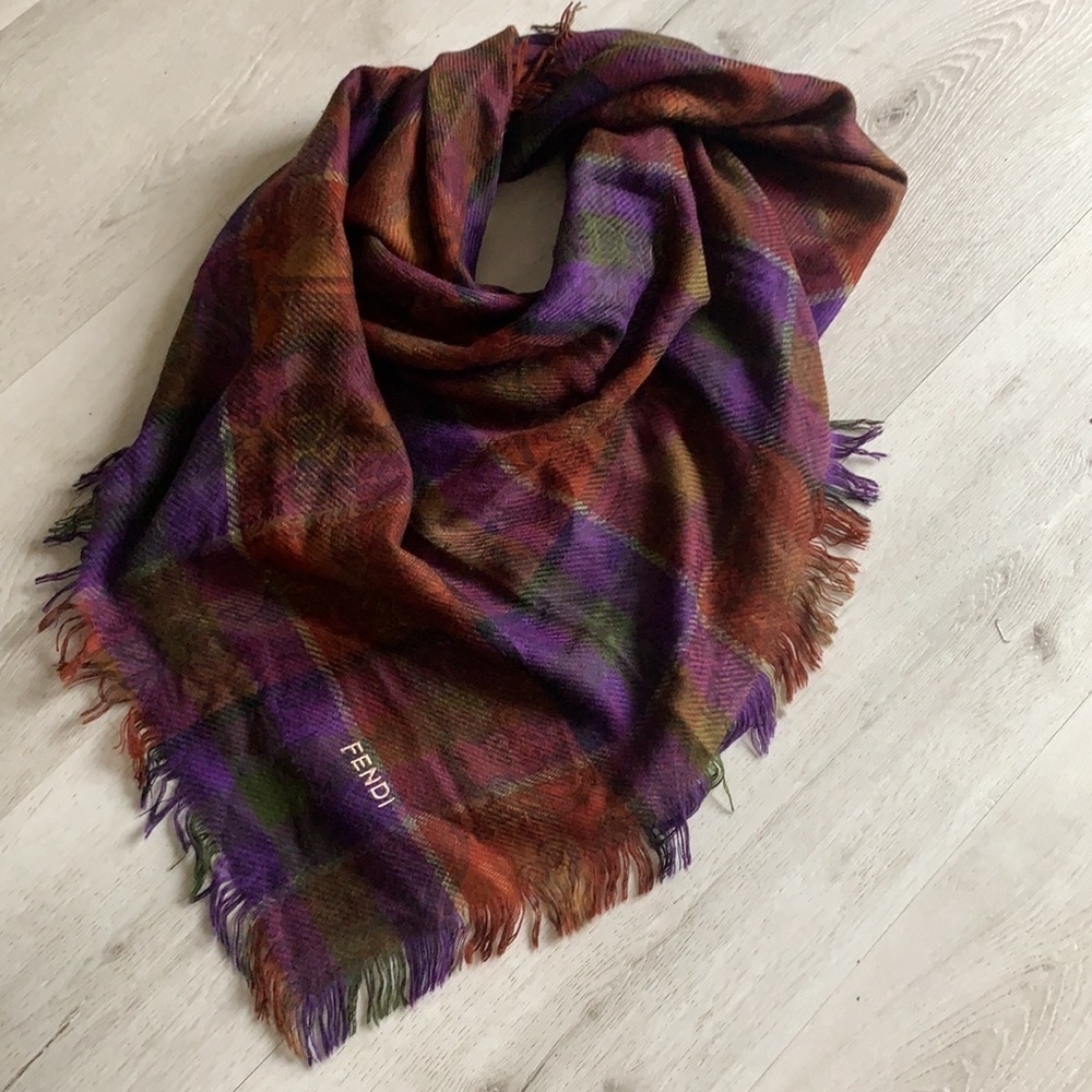 Authentic FENDI scarf wrap blanket fringe‎ plaid logo oversized luxury purple